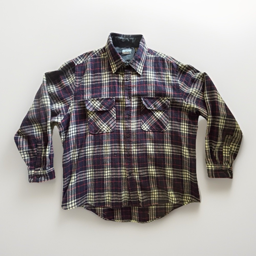 Fieldmaster Plaid Flannel Shirt Mens XL Navy Blue Wool Blend Vintage 90s Grunge